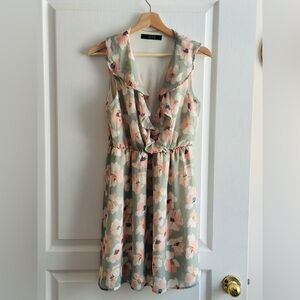 Floral Mini Dress with Ruffle Front Accent- Size Medium